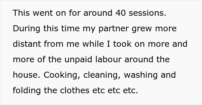 Text excerpt from therapy sessions describing unpaid household labor as marriage grows distant during counseling.