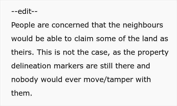 Text describing neighbors trying to force woman to trim living hedge dividing their properties with her intentional compliance.