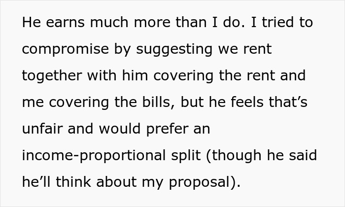 Text excerpt discussing a man refusing to live in his girlfriend&rsquo;s owned apartment despite income and rent split negotiations.