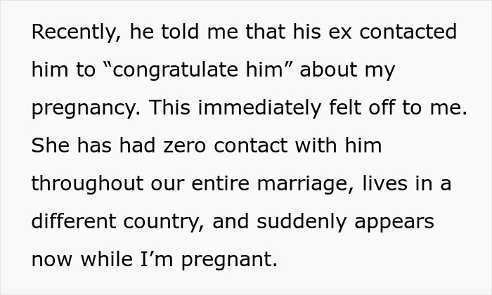 Text about wife suspecting husband lied during video call with ex amid divorce and pregnancy concerns.