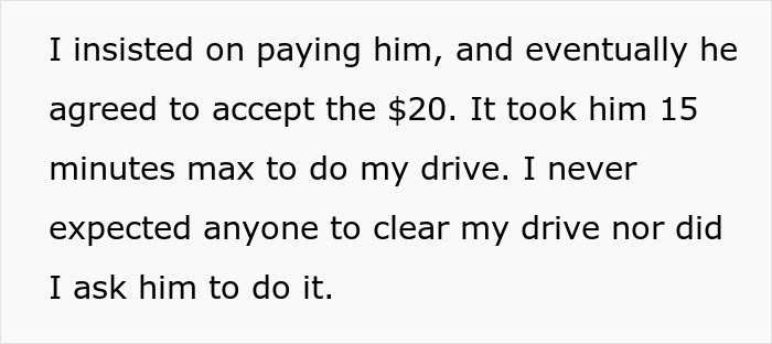 Text excerpt from a woman refusing to lend her new snow blower to an unfamiliar neighbor, insisting on payment.
