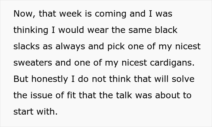 Text excerpt discussing a woman&rsquo;s frumpy clothes as her only shield from workplace harassment and professionalism.