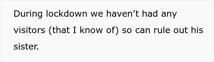 Text on a screen reading: During lockdown we haven&rsquo;t had any visitors (that I know of) so can rule out his sister.