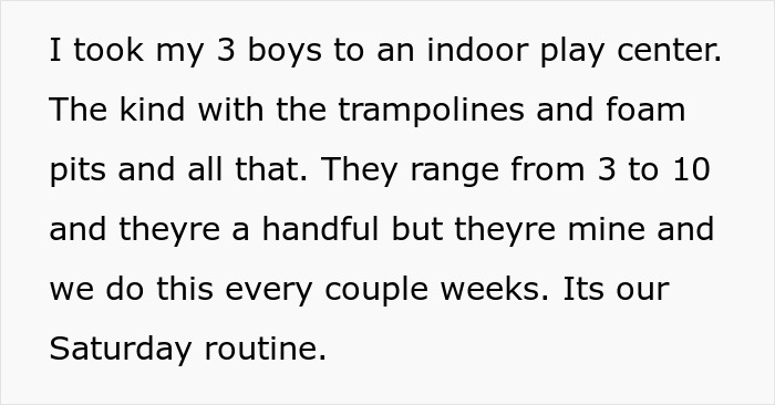 Text excerpt describing a mom's Saturday routine taking her boys aged 3 to 10 to an indoor trampoline park with foam pits.