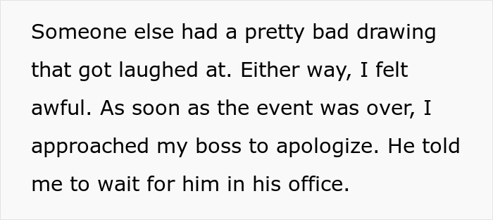 Text excerpt about a man fired over a crude drawing who befriends the woman behind it and learns her story.