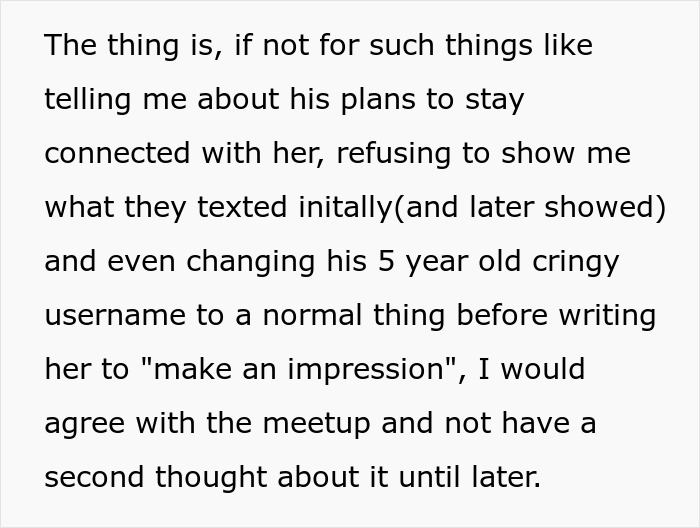 Text excerpt discussing a married man texting a woman he loved 15 years ago and his attempts to reassure his wife.