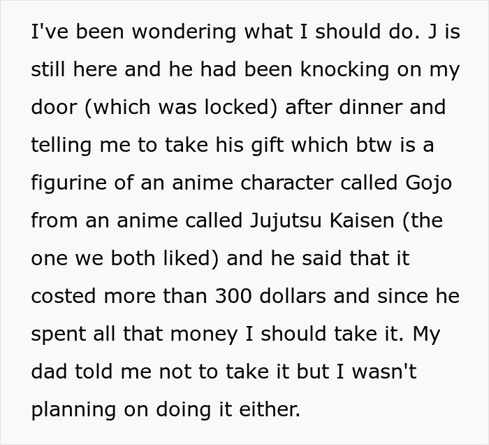Text excerpt discussing a boyfriend&rsquo;s confession and a younger sister in trouble involving a costly anime figurine gift.