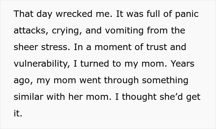 Text describing postpartum boundaries and emotional stress, highlighting a mother's difficult retaliation experience.