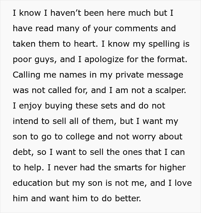 Text message apology discussing selling expensive Lego sets to help son with college costs, not scalping or theft involved.