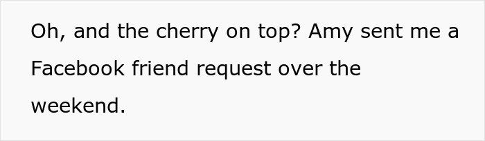 Text on a white background saying Amy sent a Facebook friend request over the weekend after a crude drawing incident.
