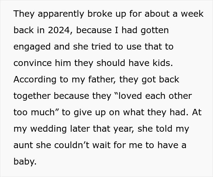 Text excerpt discussing dad's girlfriend's baby fever and daughter's reaction to her obsession over pregnancy plans.
