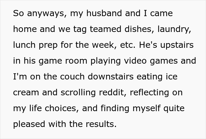 Text showing a couple sharing household chores while reflecting on life and parenting in a comical family setting.