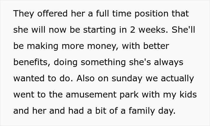 Text about a sister relationship cheater work drama involving a new full-time job and family day at amusement park.