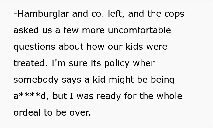 Text excerpt about Hamburglar blamed for stealing food leading to a CPS visit, mentioning uncomfortable questions from cops.