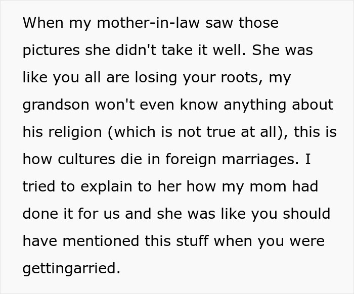 Text excerpt showing a Muslim mother-in-law upset over grandson celebrating Christmas, fearing cultural loss in marriages. Text excerpt showing a Muslim mother-in-law upset over grandson celebrating Christmas, fearing cultural loss in marriages.