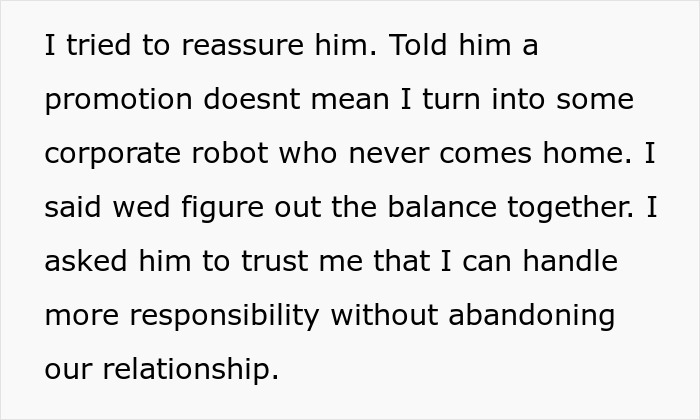 Text on a white background reading a woman reassures her boyfriend that her success is not a threat to their relationship.