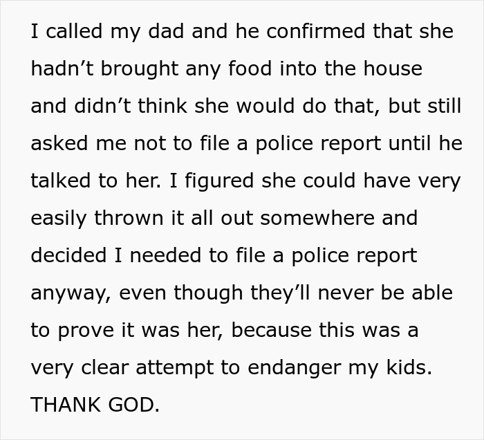 Alt text: Text about a couple suspecting wife's step-mom of stealing all their food, risking a CPS visit due to endangerment.