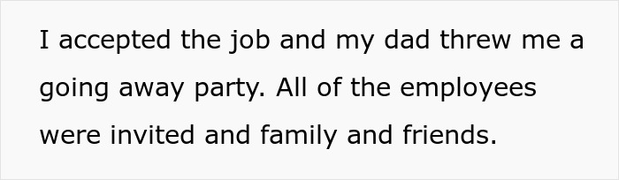 Text excerpt showing a woman sharing about accepting a job and a going away party with family, friends, and employees.