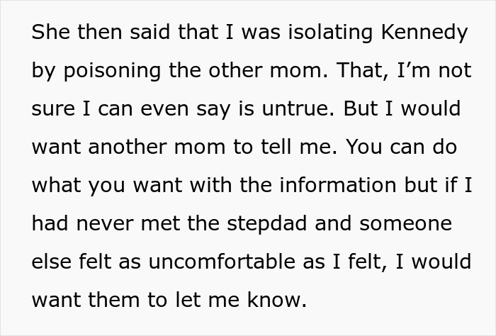 Text discussing a mom addressing concerns over her daughter’s friend’s dad giving creepy vibes during a sleepover.