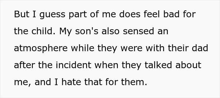Text excerpt showing a parent feeling bad for child after a tense incident with a cheating guy and ex-wife.