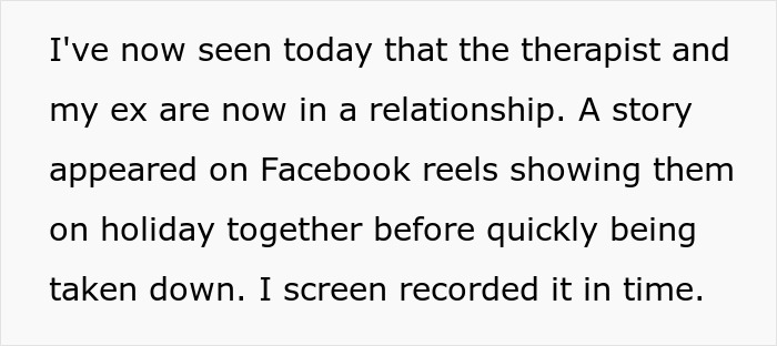 Text excerpt describing a man realizing his ex-wife started dating the therapist he paid &pound;3K for marriage therapy.