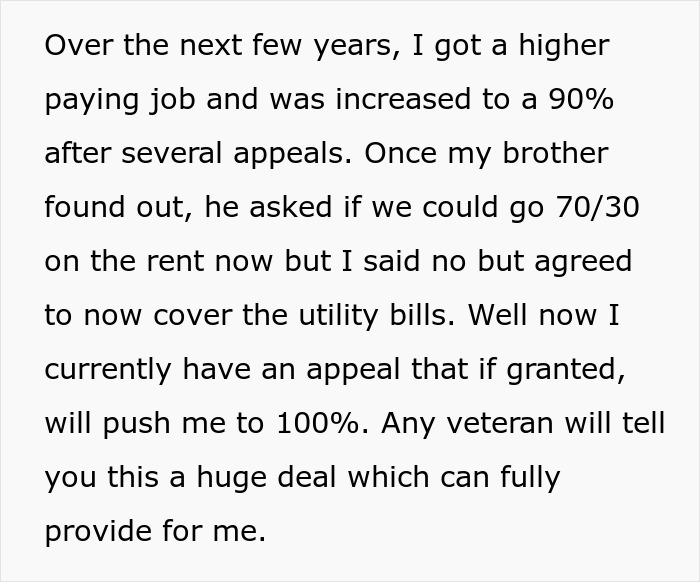 Text about a guy seeing dollar signs as veteran bro&rsquo;s pay increases and discussing rent and utility bills arrangements.