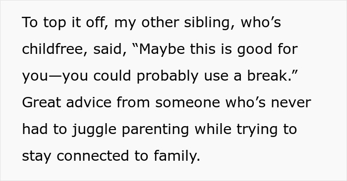 Text excerpt about a woman setting childfree boundaries in her home, causing family tension, especially with her brother.