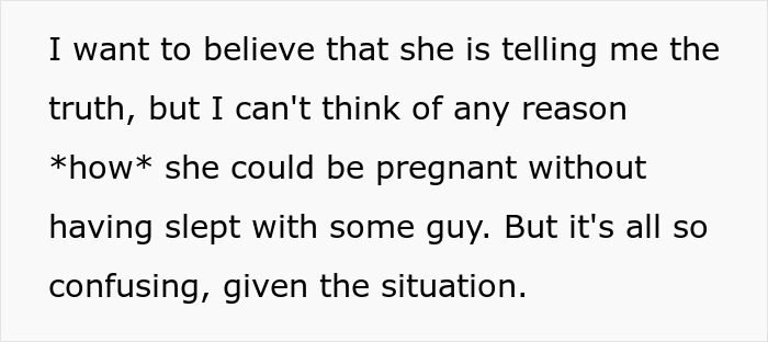 Text expressing confusion in a lesbian couple about how a partner could be pregnant without s*x with a man.