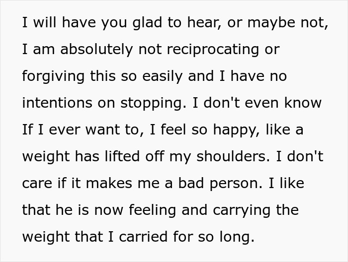Text excerpt showing a wife expressing refusal to reciprocate comfort or forgiveness from her husband, sharing feelings of relief. Text excerpt showing a wife expressing refusal to reciprocate comfort or forgiveness from her husband, sharing feelings of relief.
