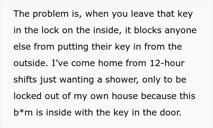 Text about a woman fed up with being her roommates&rsquo; personal doorman, describing being locked out after long shifts.