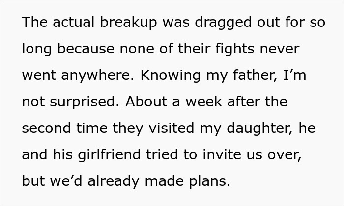 Text excerpt describing a breakup and the dad's girlfriend showing baby fever, causing daughter's horror over the pregnancy.