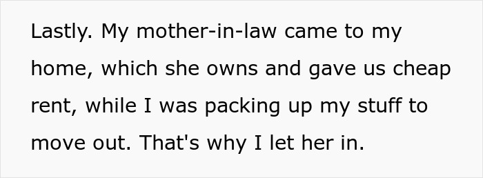 Text excerpt from a story about a cheating husband&rsquo;s mom defending him while the woman plans to move out.