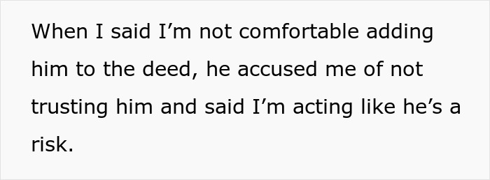 Text message about discomfort adding boyfriend to house deed amid trust issues and debt concerns in relationship conflict.