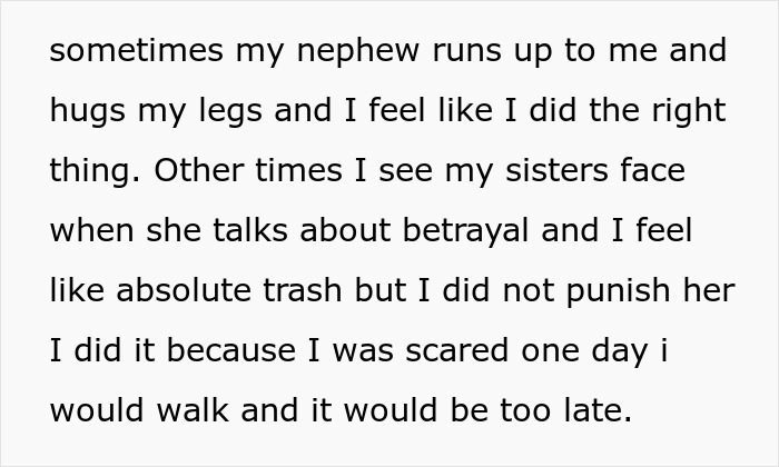 Text excerpt describing a lady reporting her sister to CPS to encourage responsibility while keeping the truth secret.