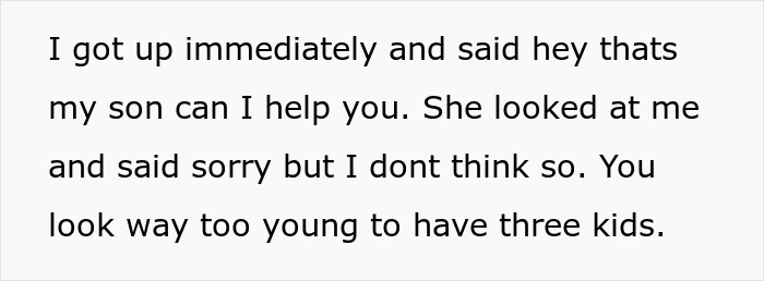 Text showing a confrontation at a trampoline park where a mom is told she looks too young to have kids.