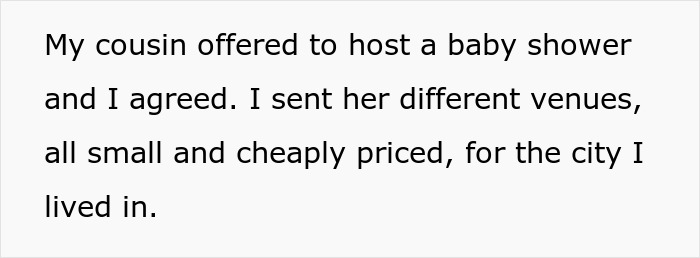 Text excerpt discussing a cousin offering to host a baby shower and venue options, related to child out of spite. Text excerpt discussing a cousin offering to host a baby shower and venue options, related to child out of spite.