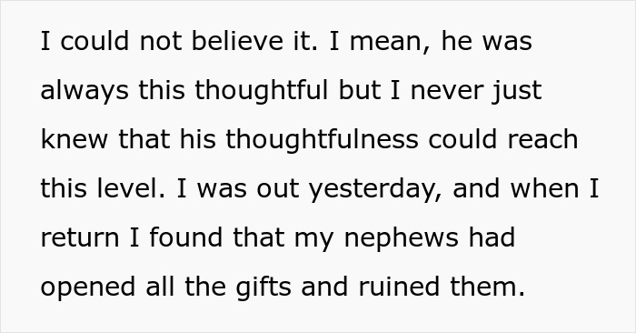 Text excerpt describing a woman confronting her late husband's brother and nephews for using his clothes and belongings.