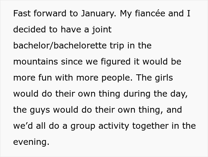 Text excerpt describing a joint bachelor and bachelorette trip with group activities during a wedding event.