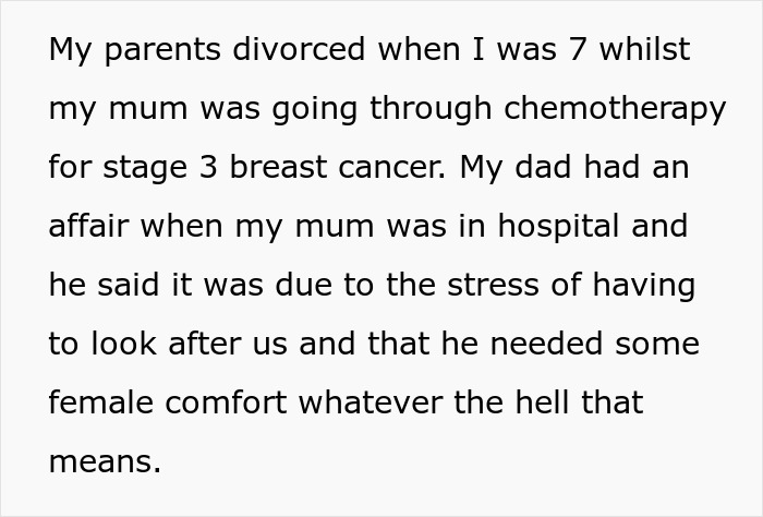 Text describing a difficult family situation involving an embarrassing step mother relationship and affair during illness.
