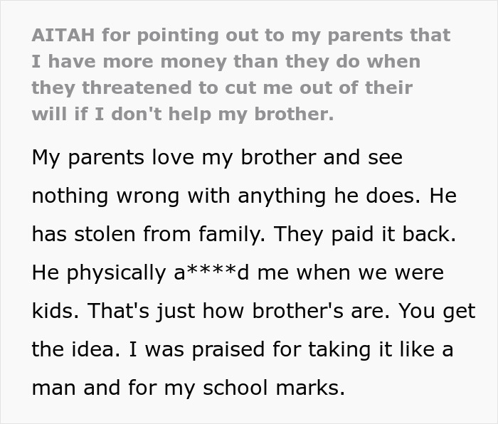 Text excerpt from a story about a man refusing to help his spoiled brother and facing parental backlash.