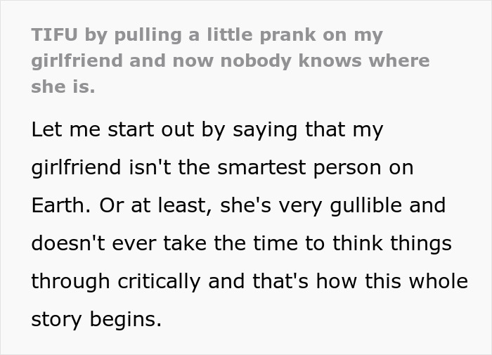 Excerpt from a story about a gullible lady who takes her boyfriend's prank seriously and disappears over FBI fears.