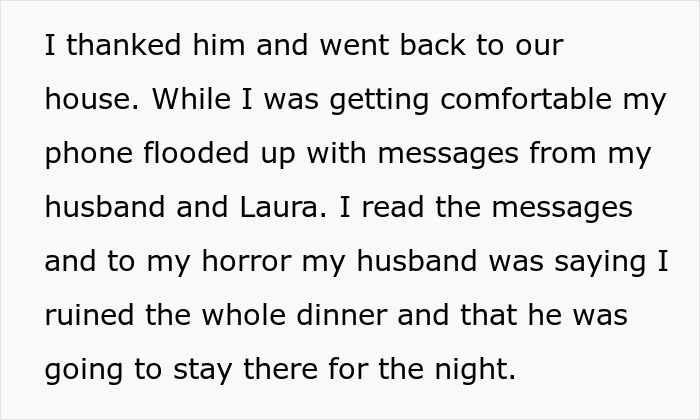 Text excerpt showing a shocked wife reading messages about her husband's tale involving a pregnant female bestie.
