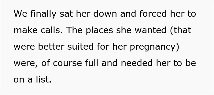 Text excerpt about a pregnant sister facing challenges finding spots in a homeless shelter for her pregnancy.