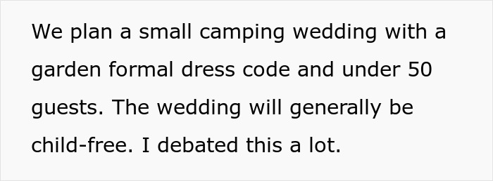 Text discussing planning a small camping wedding with garden formal dress code and mostly child-free guests.