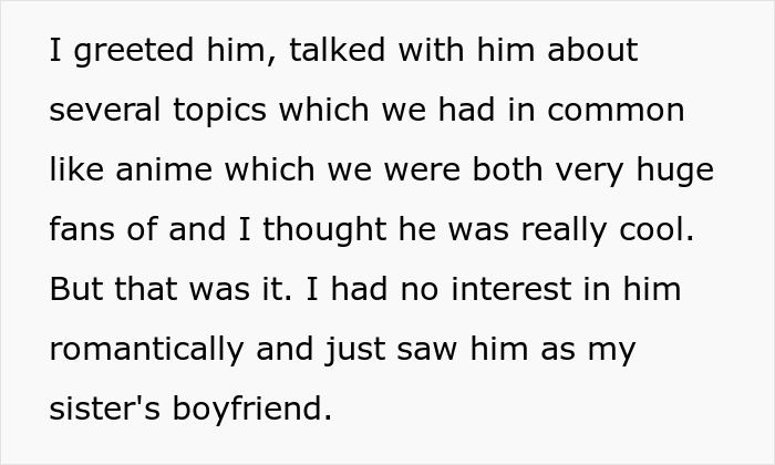 Text excerpt about greeting and talking with sister's boyfriend, sharing common interests but no romantic feelings implied.