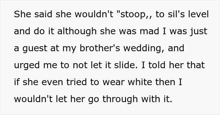 Text discussing a husband upset after wife reveals plans to wear white to brother’s wedding, causing tension between them.