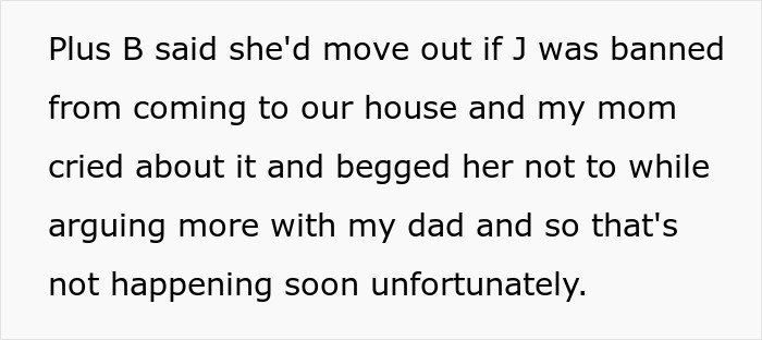 Text excerpt about a younger sister in trouble, family tensions, and conflicts involving parents and a boyfriend.