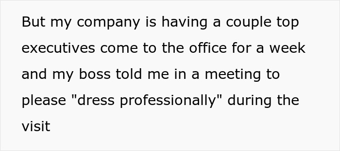 Text excerpt from a work meeting where a woman is told to dress professionally for visiting executives.
