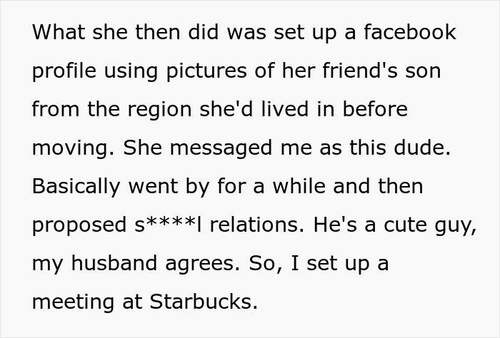 Text excerpt from a story about a MIL who tries to catfish a woman using a fake Facebook profile to prove cheating.