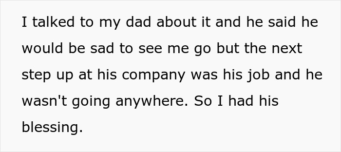 Text excerpt showing a woman sharing how she talked to her dad and got his blessing about a decision involving family dynamics.